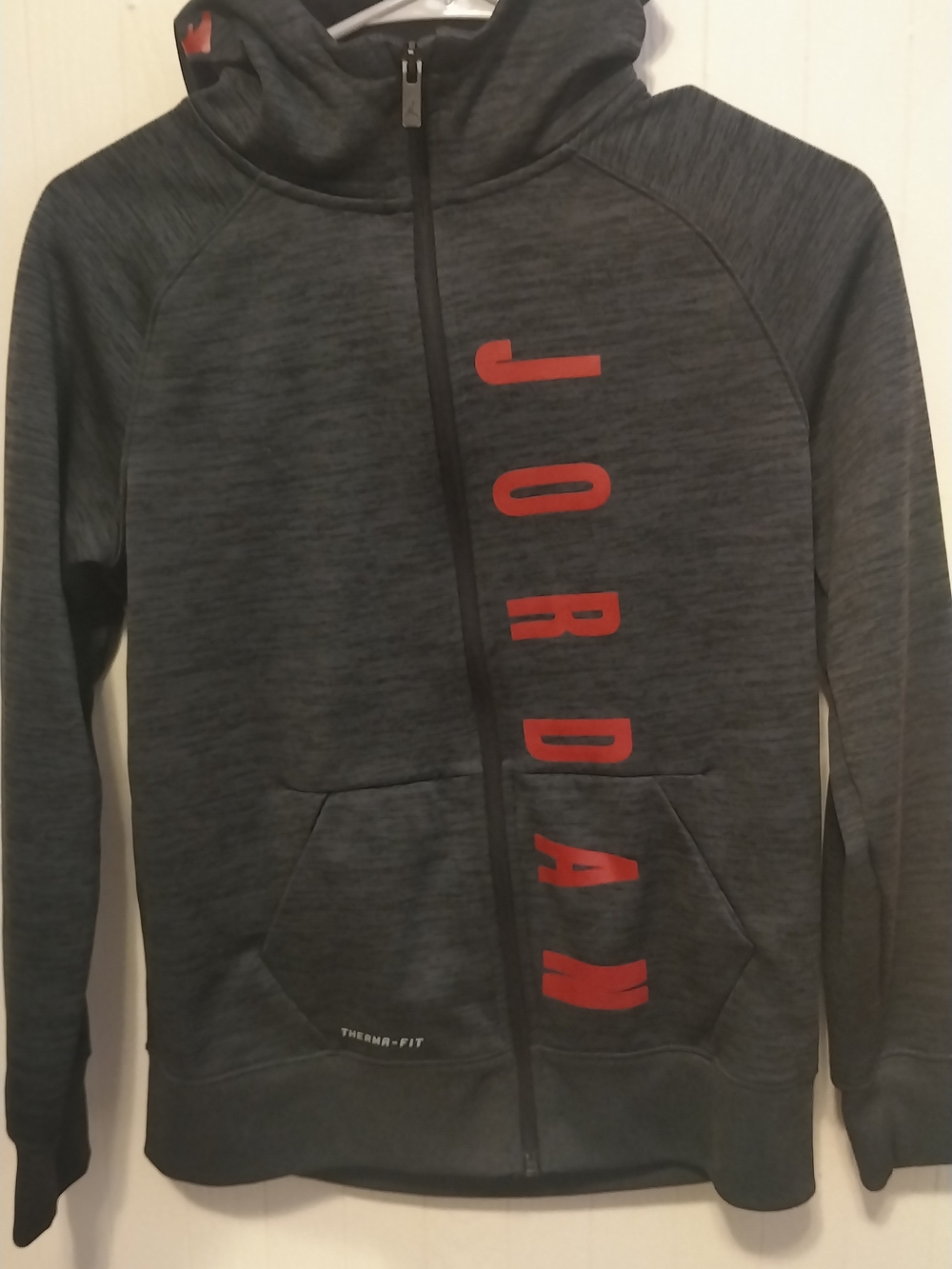 Jordan Dark Gray Full-Zip Puffer Hoodie with Red Vertical Logo